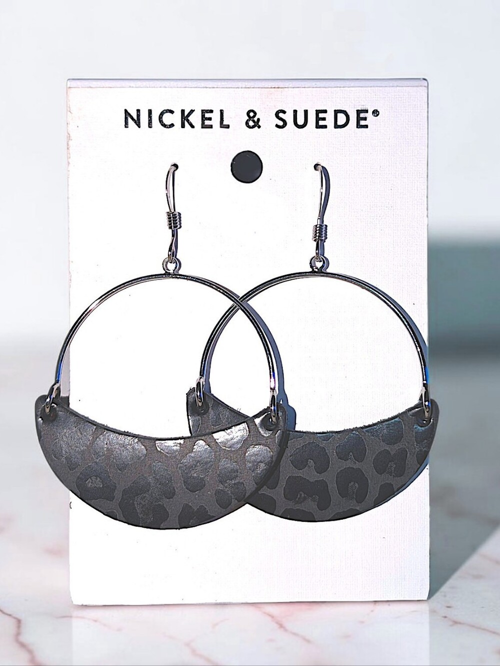 NEW Nickel & Suede Black Leopard Hoop Earrings